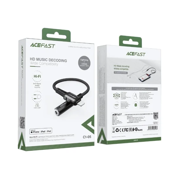 adaptador lightning a jack 3.5 mm hembra de la marca acefast con su caja