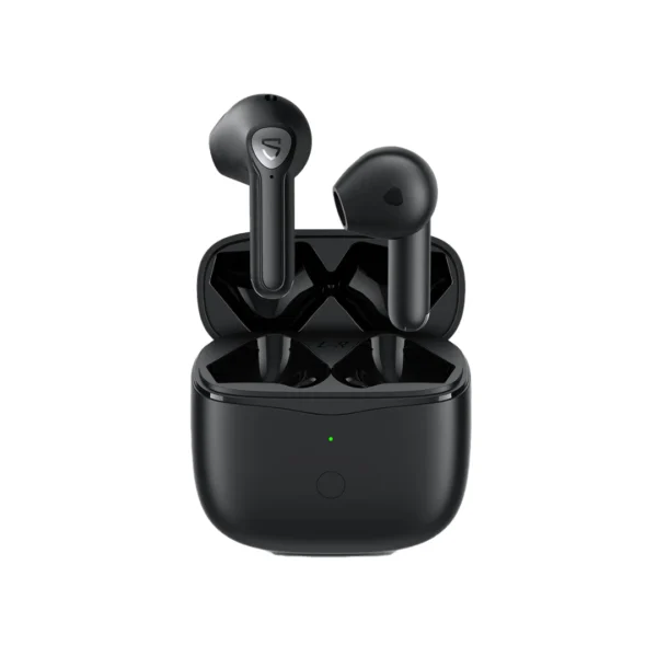 un par de audífonos bluetooth redondos color negro de la marca soundpeats modelo air 3