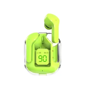 unos audífonos bluetooth semitransparentes color verde modelo air31