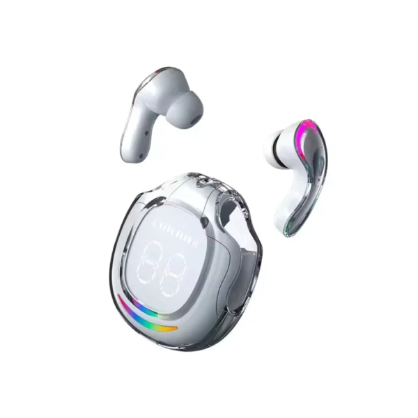 unos audífonos bluetooth semitransparentes color blancos modelo air40