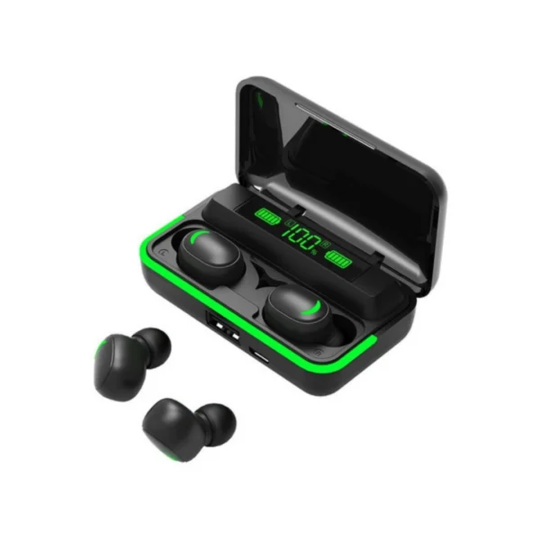 un par de audífonos inalámbricos con powerbank e10 en color negro