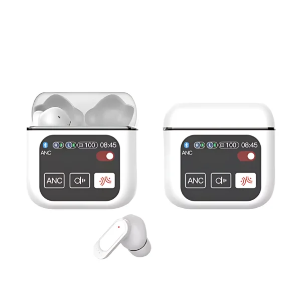 unos audífonos bluetooth con pantalla frontal color blanco modelo se60