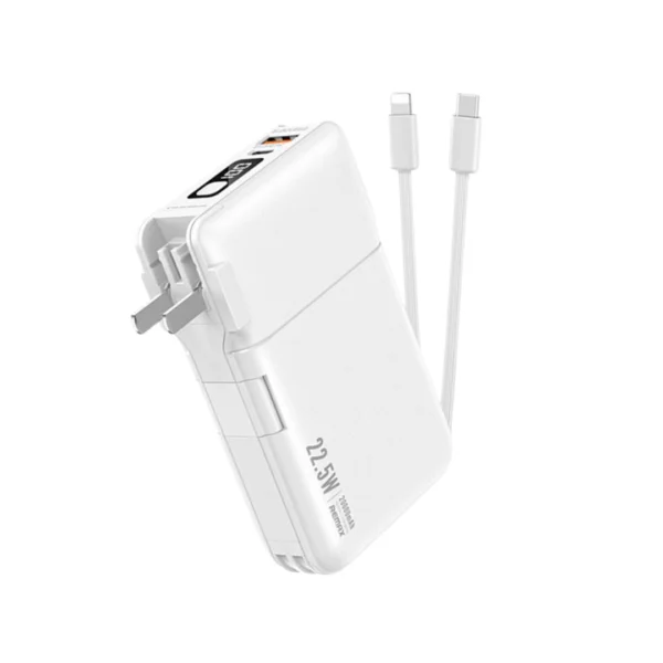 una batería portatil de la marca remax color blanco con cubo 20000 mah con cables incorporados y conexión USB-A y USB-C