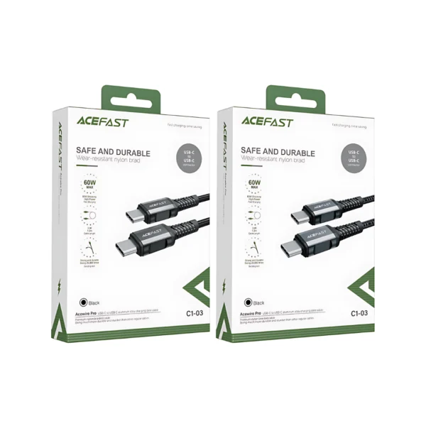 un cable de carga rápida color negro USB-C a USB-C con su caja