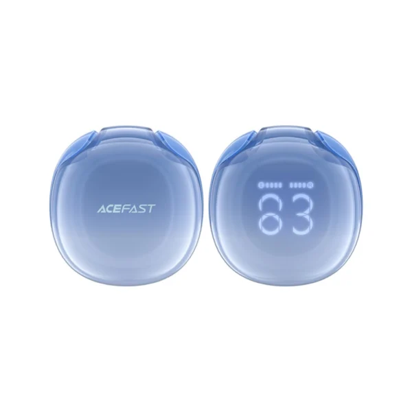 unos audífonos bluetooth semitransparentes celestes con sus accesorios de la marca acefast modelo T9 parte frontal y trasera