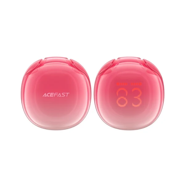 unos audífonos bluetooth semitransparentes rojo con sus accesorios de la marca acefast modelo T9 2