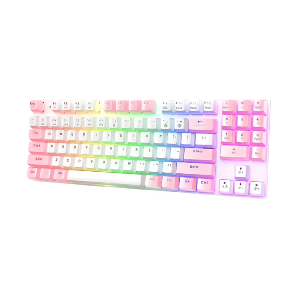 un teclado mecanico color rosado de la marca Onikuma