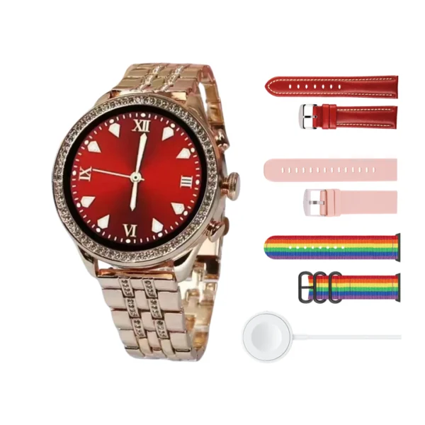 un kit de un reloj redondo gen 9 max en color rojo con sus brazaletes 2