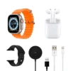 un kit i8 ultra incluye reloj cuadrado audífonos bluetooth su cargador y brazaletes en color naranja