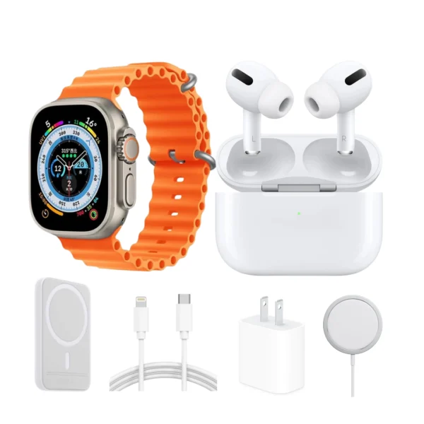 kit de smartwatch con audífonos inpods pro batería portátil cargador inalámbrico y cubo de 20 watts x8 ultra naranja