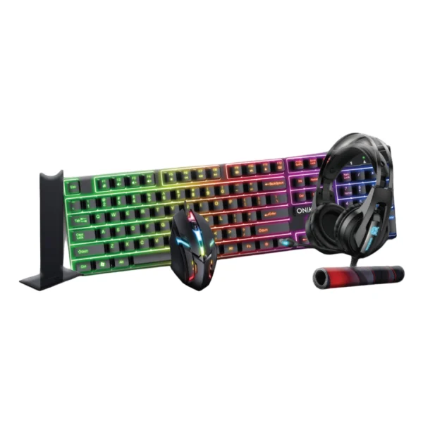 un combo de teclado stand audifonos raton y almohadilla de la marca Onikuma
