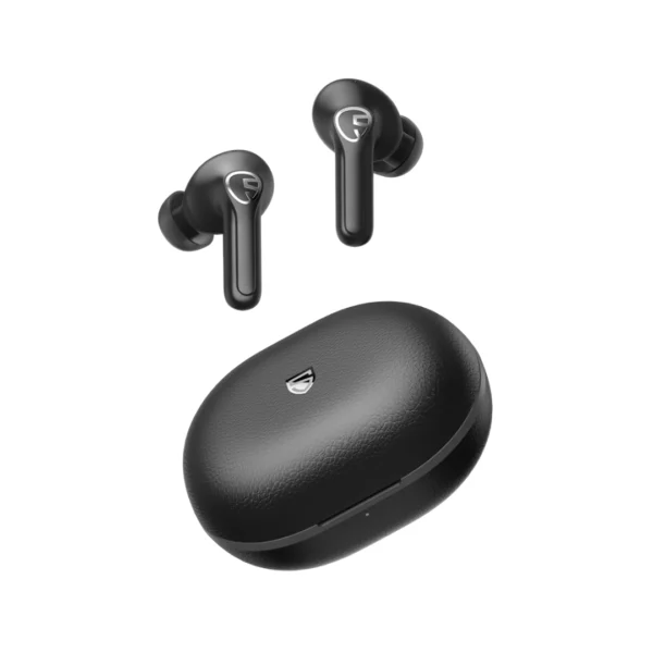 un par de audífonos bluetooth redondos color negro de la marca soundpeats modelo life