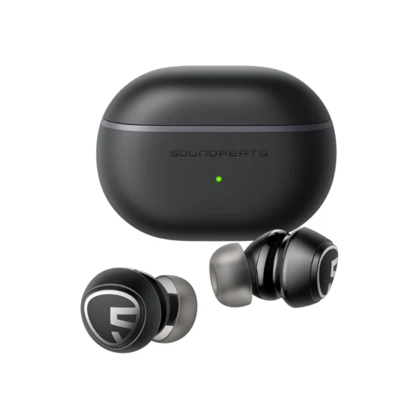 un par de audífonos bluetooth redondos color negro de la marca soundpeats modelo mini pro 2