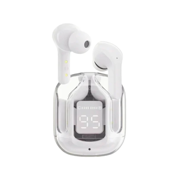 unos audífonos bluetooth air31 en color blanco, semitransparentes incluidos en el kit d97 plus