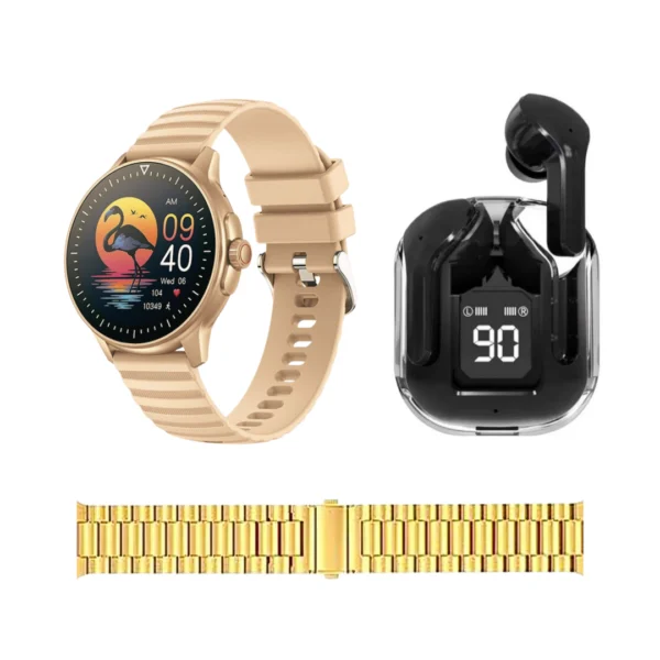 Un combo de smartwatch con audífonos bluetooth y un brazalete metálico modelo m103