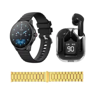 Un combo de smartwatch negro con audífonos bluetooth negros y un brazalete metálico modelo m103