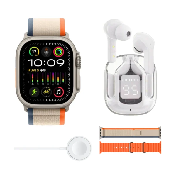 un combo de smartwatch y audífonos bluetooth D100 okpu naranja