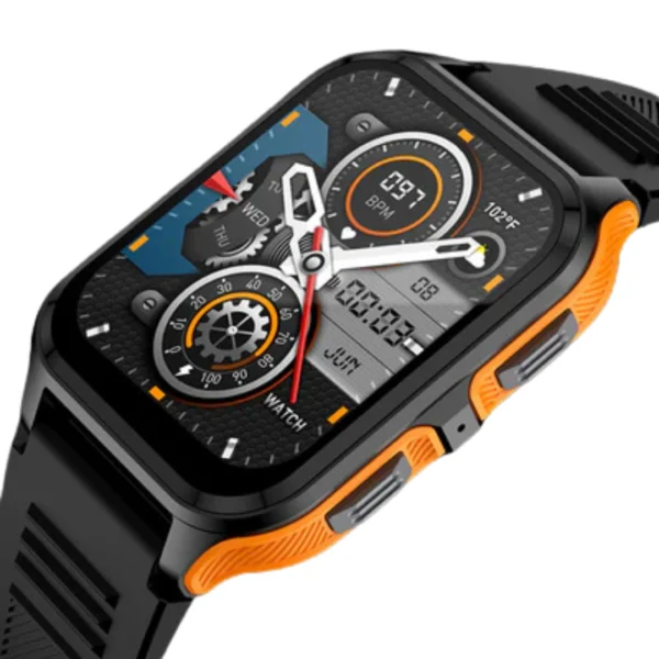 un smartwatch grado militar modelo p73 en color negro con naranja 4