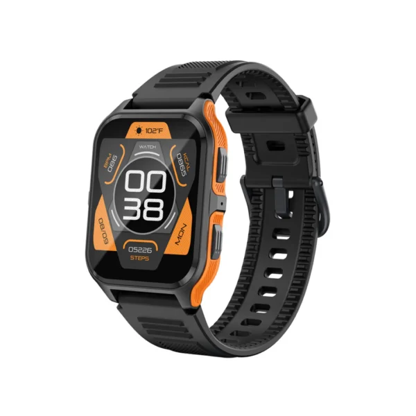 un smartwatch grado militar modelo p73 en color negro con naranja