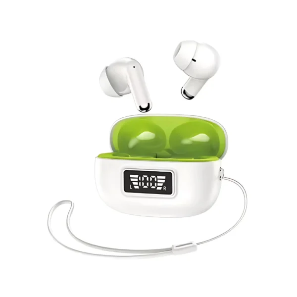 audífonos inalámbricos bluetooth de color blanco con verde y su correa modelo f01