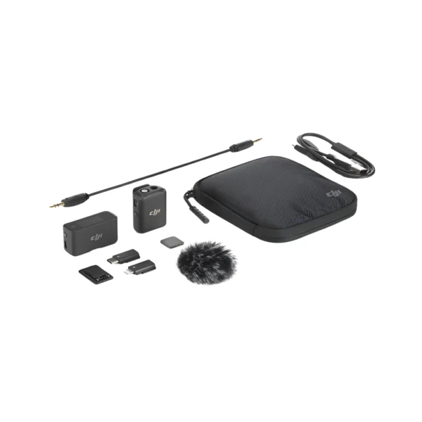 kit de micrófono inalámbrico multidispositivo de la marca dji MODELO mic tx1 rx con todos sus accesorios