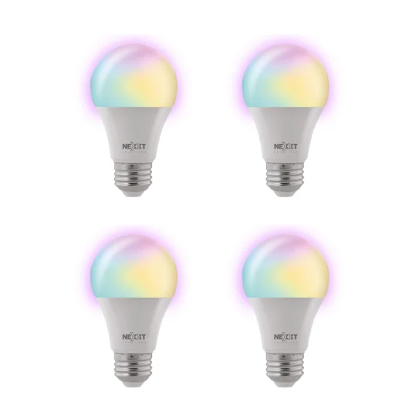 cuatro bombillos o focos smart de la marca nexxt con opción de luz RGB