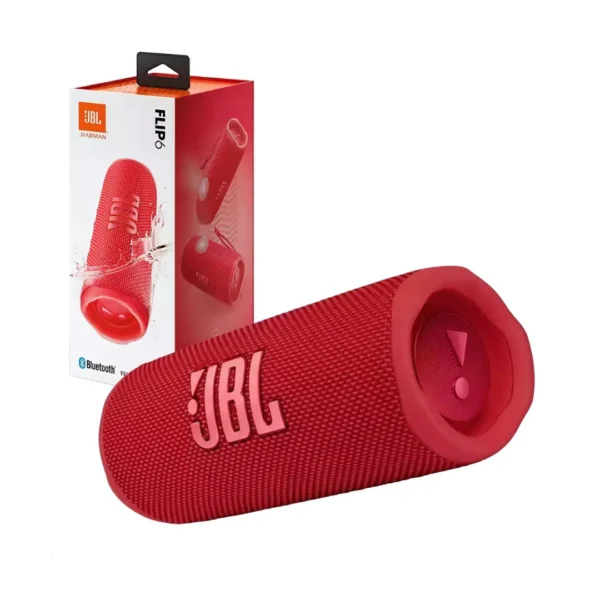 Una bocina color rojo modelo FLIP 6 de marca JBL conectividad bluetooth con resistencia contra agua y polvo con su caja