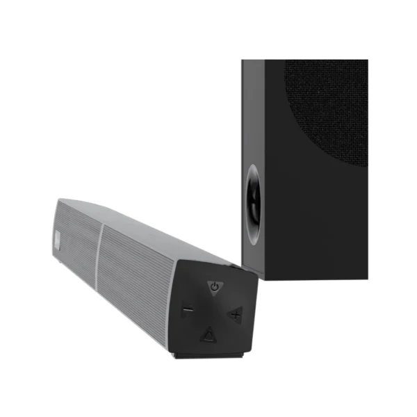 una barra de sonido color negro de la marca klip xtreme modelo kbs-230 con su subwoofer vista lateral