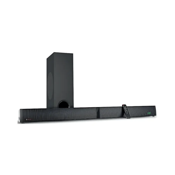 una barra de sonido color negro de la marca klip xtreme modelo kbs-230 con su subwoofer y su control