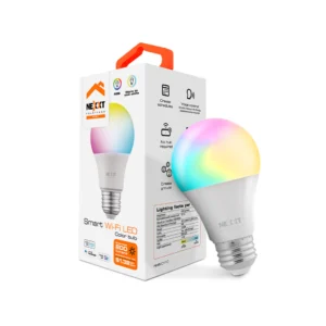 un bombillo o foco smart de la marca nexxt con opción de luz RGB con su caja