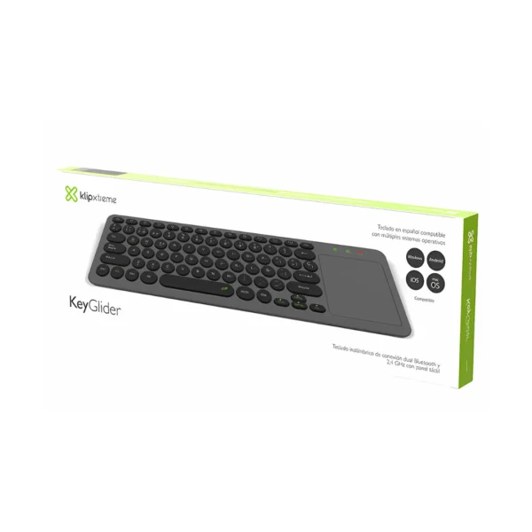 Un teclado low profile color gris oscuro de la marca Klip Xtreme modelo KCK-550S con su caja