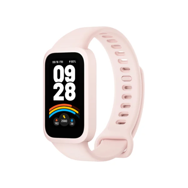 Una banda deportiva de la marca Xiaomi modelo smartband 9 active en color rosado