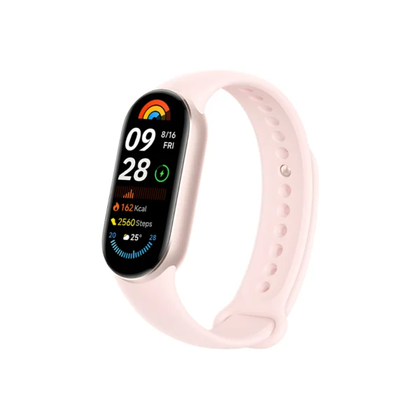 Una banda deportiva de la marca Xiaomi modelo smartband 9 en color rosado